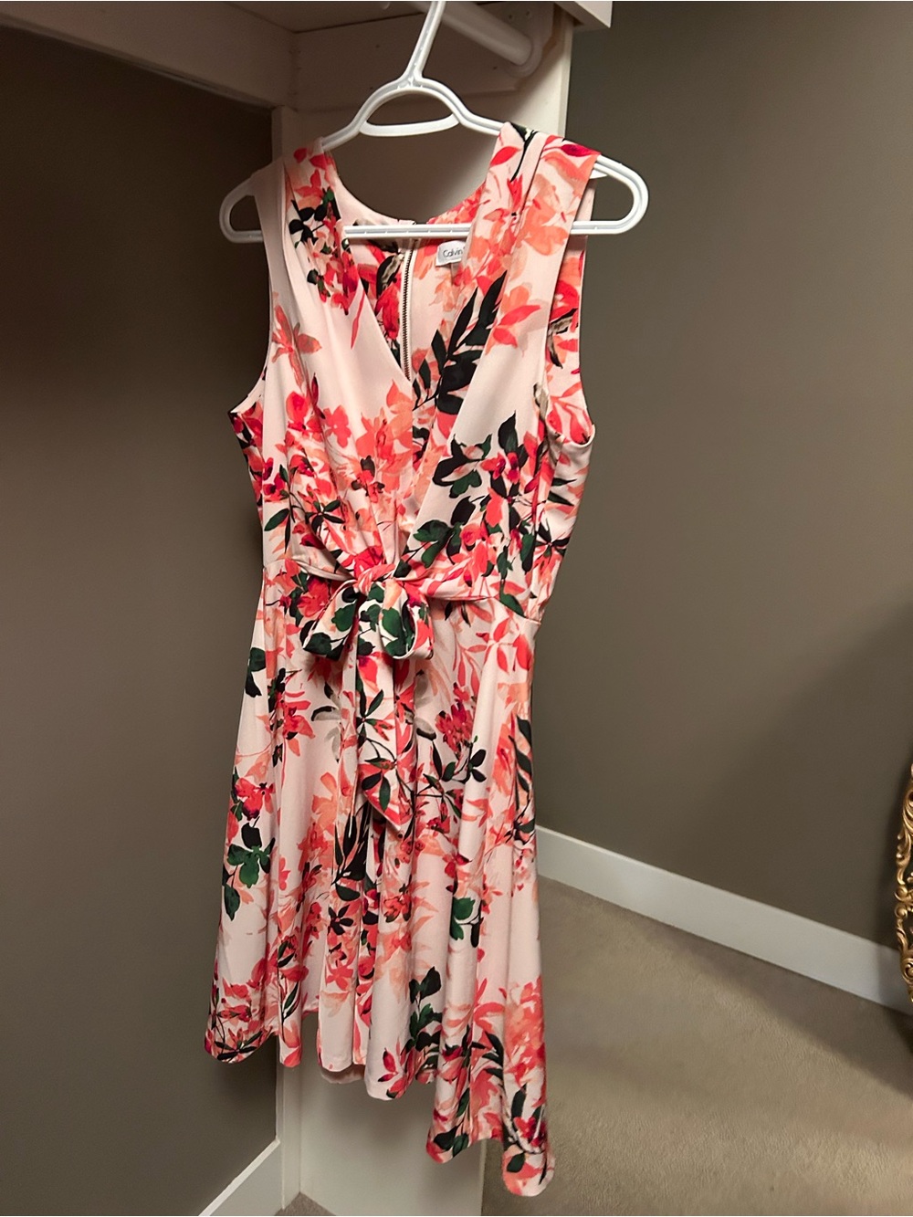 Calvin Klein Pink Floral Tie-Waist Midi Dress